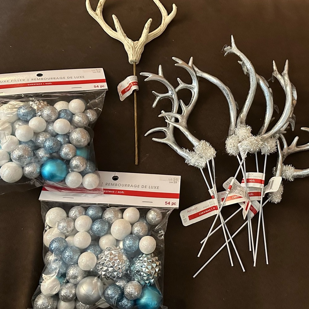 Frozen style Christmas decorations - silver antlers, and filler baubles
